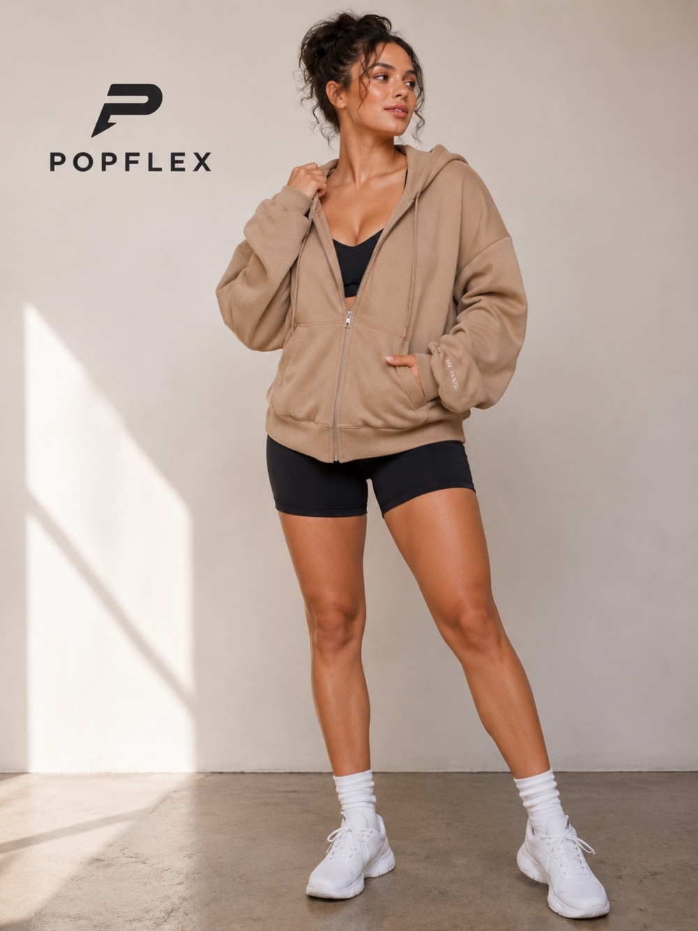 POPFLEX Oversized Zip Hoodie Jacket Tan Camel L XL Athleisure Airport Lounge B2